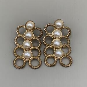 Vintage Gold Tone Rope Link Faux Pearl Drop Earrings 80s 90s